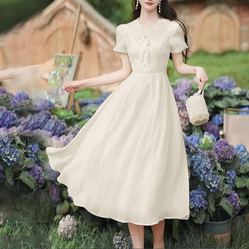 ZANZEA Women Elegant Splice V-Neck Casual Short Sleeve Dress M абрикосовый