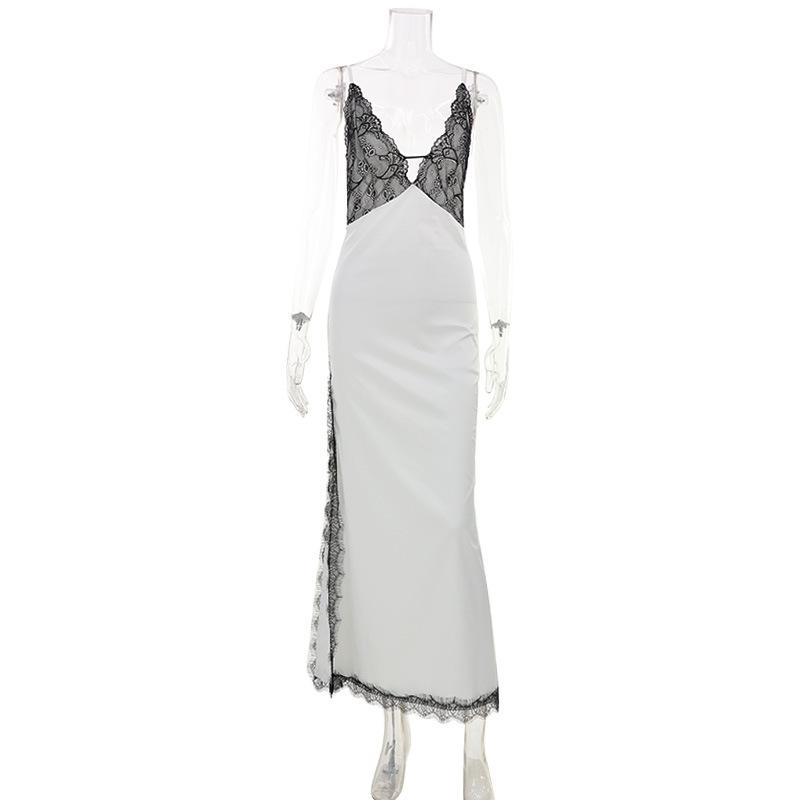 Sexy women's lace splicing V-neck suspender, pure desire, big halter, high split hip wrap dress, long style.