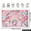 2D planar banner  dreamy and splendid birthday background  soft pink walls  rainbow arch  white unicorn