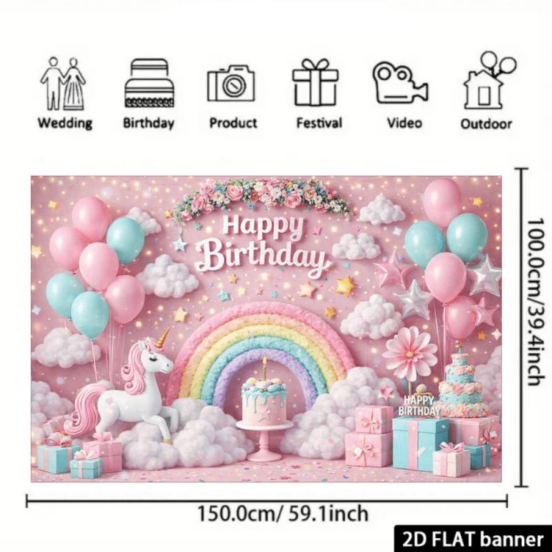 2D planar banner  dreamy and splendid birthday background  soft pink walls  rainbow arch  white unicorn