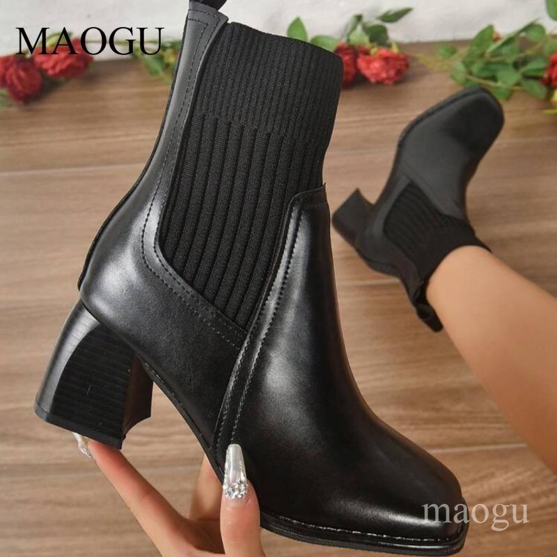 

Женские ботильоны на коричневом массивном каблуке с квадратным носком, вязаные ботильоны-носки, удобные туфли-ботильоны в ретро-стиле для женщин, повседневная обувь Botas 35 чёрный