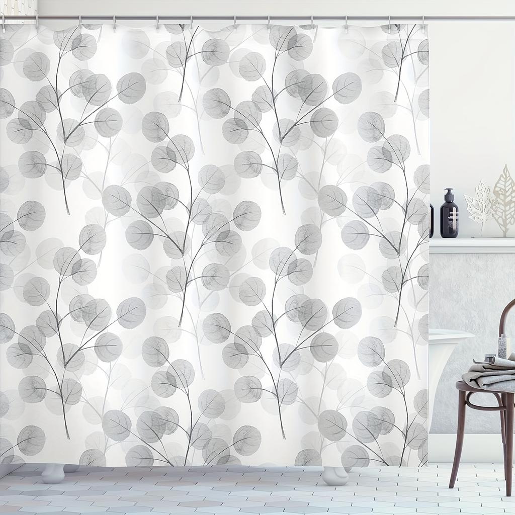 Nature-Inspired Shower Curtain - Soft Gray Leaves, Watercolor Branches Print, Polyester with Hooks