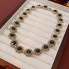 Pre-Owned Floral Geometric Rhinestone Jewelry Set with Clavicle Necklace & Earrings In Turquoise and Pearl Tones