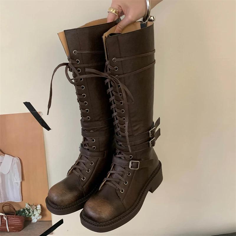 Eilyken Fashion Punk Style Cross-Strap Round Toe Knee High Boots Women Belt Buckle Zipper Square Heels Designer Shoes