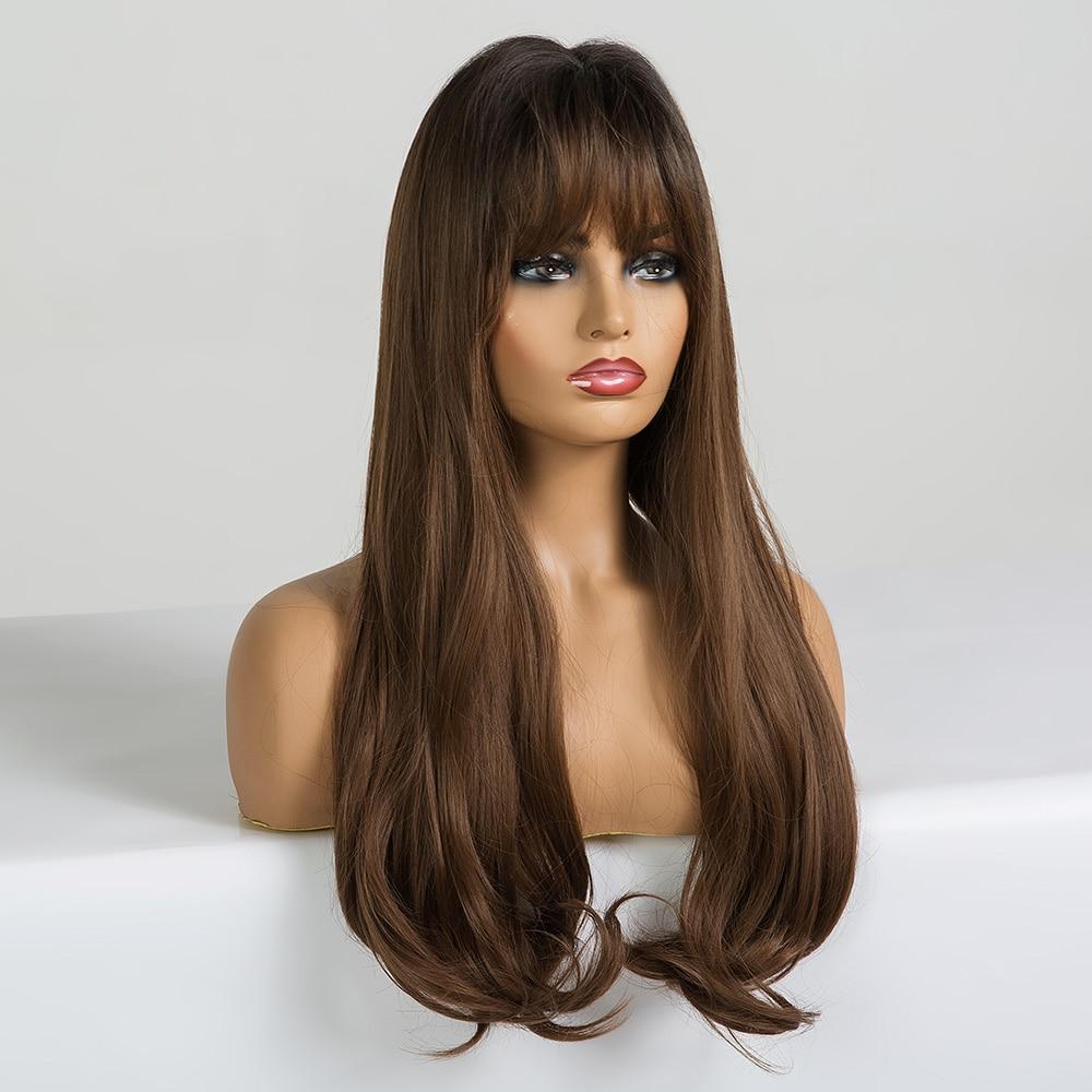 ALAN EATON Long Wavy Synthetic Wigs with Bangs for Black Women African American Ombre Black Brown Cosplay Heat Resistant Hair