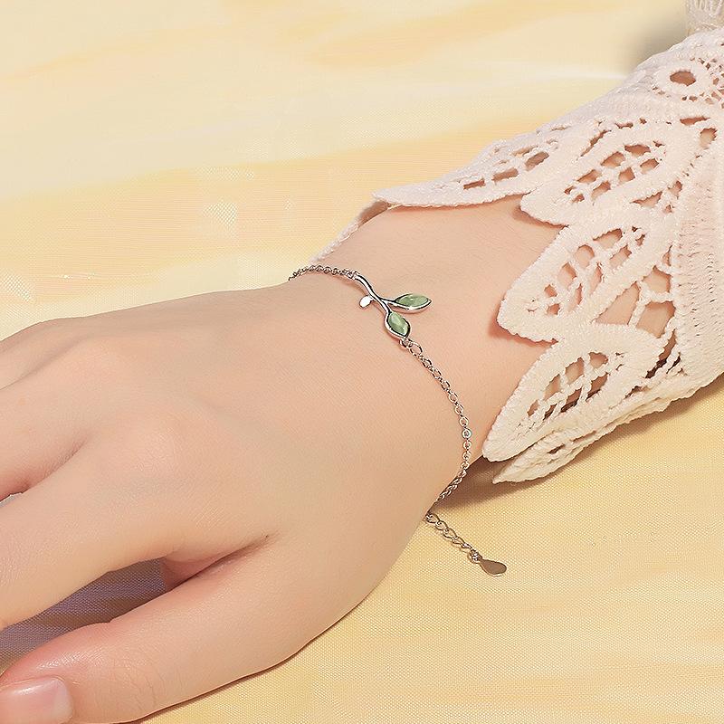 925 Silver Bracelet Bangle Simple Green Leaf Elegant Nature For Woman Girl Fashion Jewelry Gift Dropship