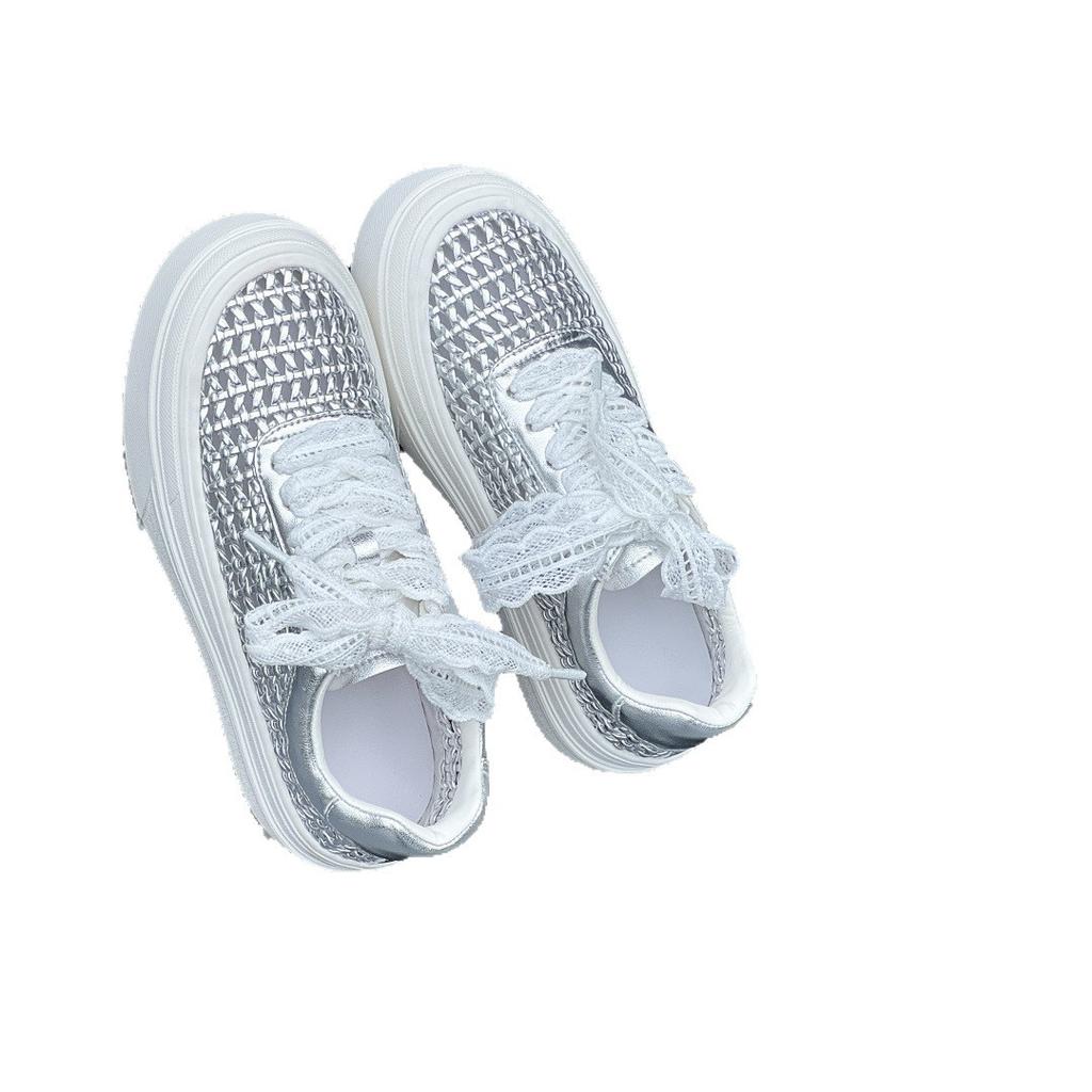 Platform white shoes women's 2025 new summer lace belt leather woven hollow breathable casual shoes sports board shoes