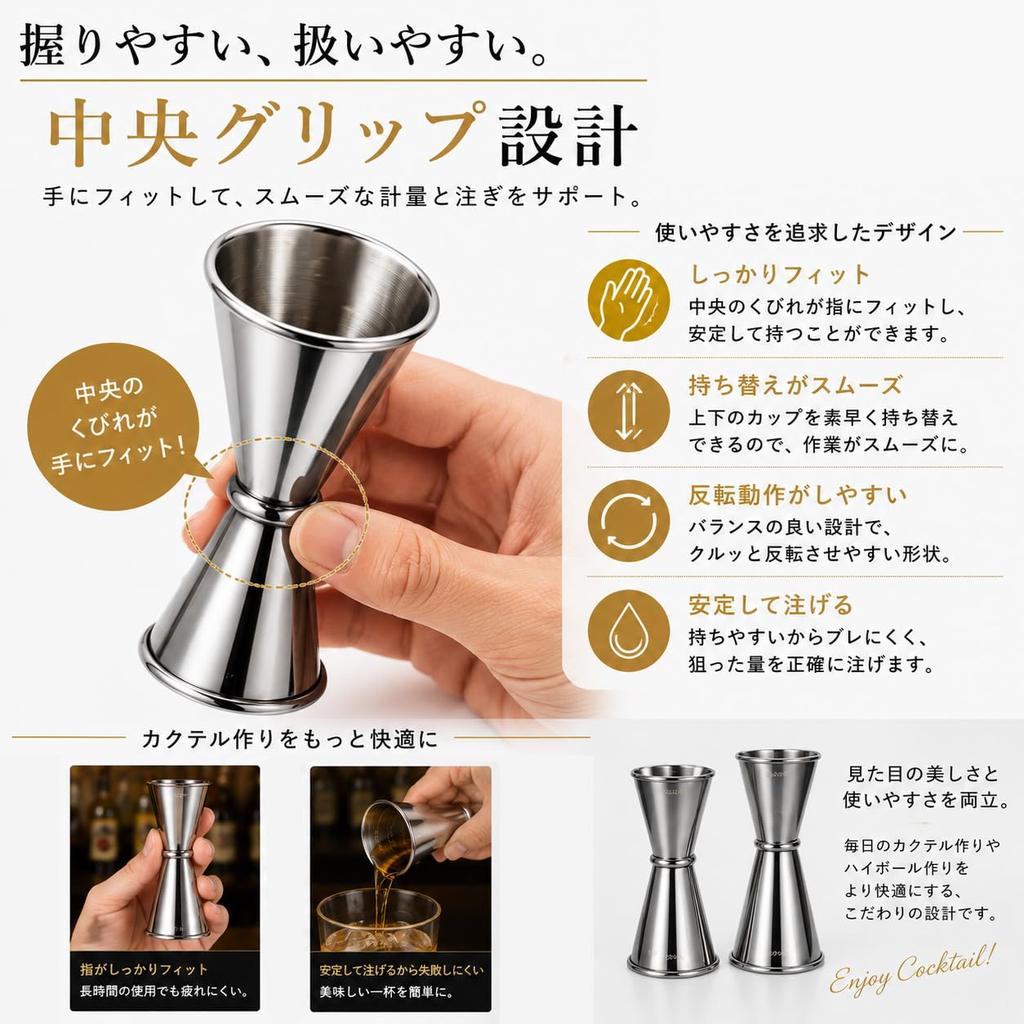 MOCKTAILHOUSE Measuring Cup Jigger Cup with Measurement Markings, 2 Types, Easy To Use, Can Be Placed and Measured, Cocktail Measuring Cup, Stainless