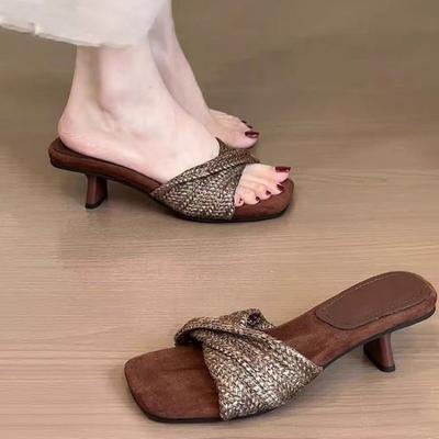 Sandalias de cuña tejidas de una línea vintage de moda para mujer, verano, exteriores, puntera abierta, puntera cuadrada, tacón de bloque francés