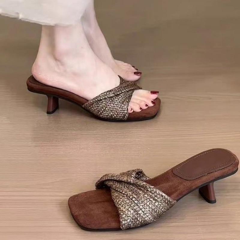 Fashion Vintage Woven One-Line Slide Sandals for Women Summer Outside Open Toe Square Toe French Block Heel Sandals