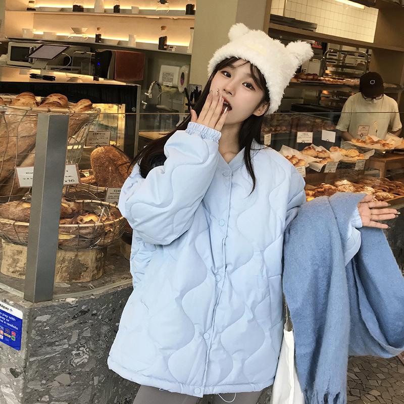 Large Size Small Fragrant Wind Collarless Rhombus Down Cotton Clothes Women's Winter Short Round Neck Thick Coat Design Cotton Clothes