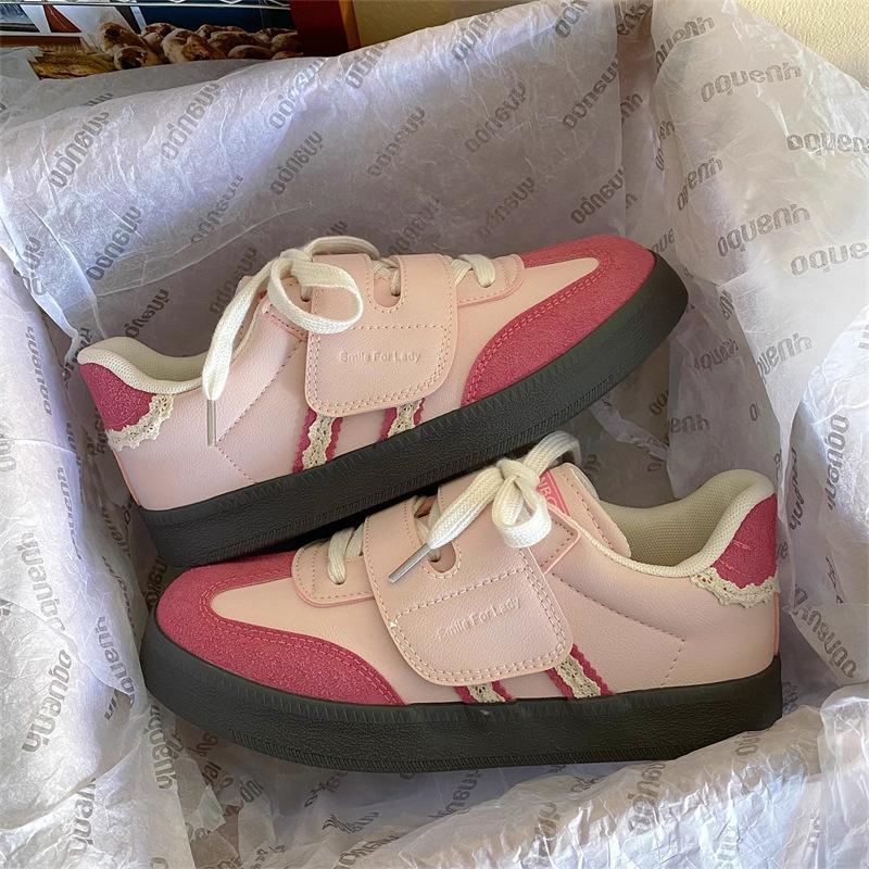 

Нишевая белая обувь на липучке, моральные тренировочные туфли, женские модели весна-осень 2025 года, универсальные в стиле колледжа, легкая спортивная и повседневная обувь 40 розовый