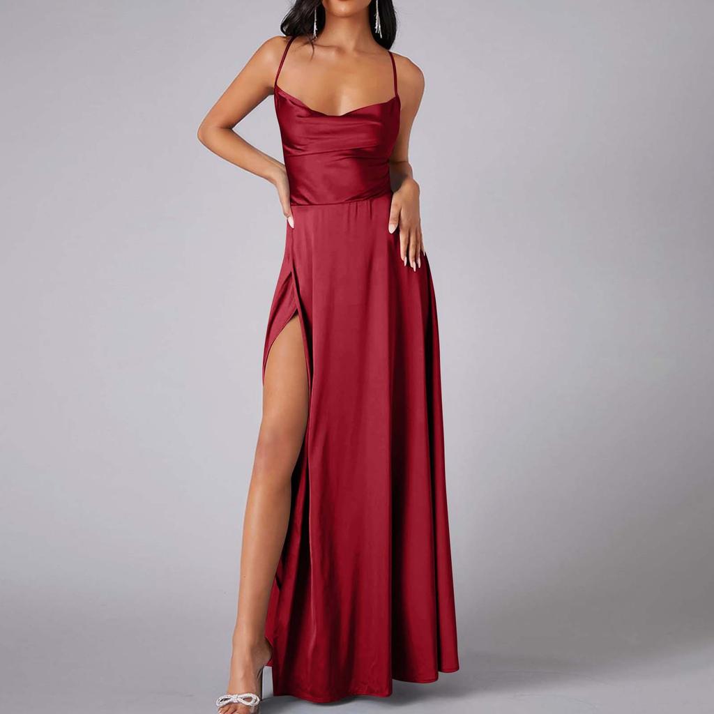 Women Summer Backless Long Satin Dress Cowl Neck Cross Spaghetti Strap Party Long Dress