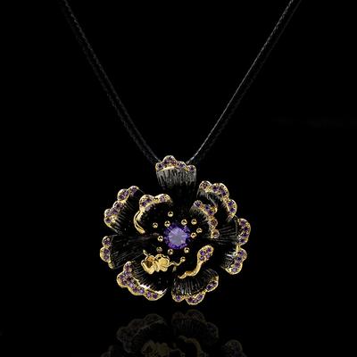 Retro Sunflower Brooch Flower Zircon Chinese Personality Gold Exaggerated Black Gold Two-Tone Necklace