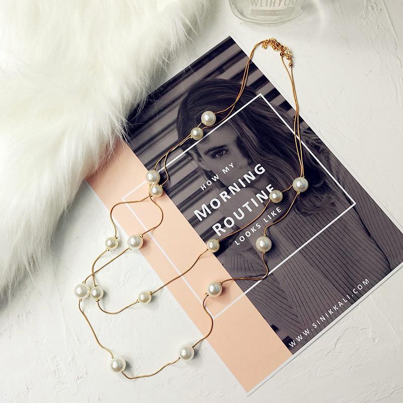 New Elegant Long Double Layer Simulated Pearl Necklace Women Sweater Chain Female Collares Statement Jewlery Accesories