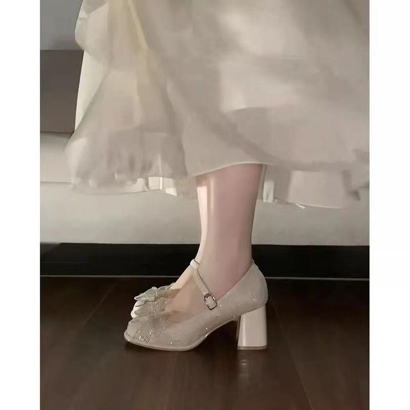 Round Head Thick Heel Mary Jane Women's Shoes 2024 New One-word with Sparkling Bow Fairy High Heels Spring Wedding Shoes
