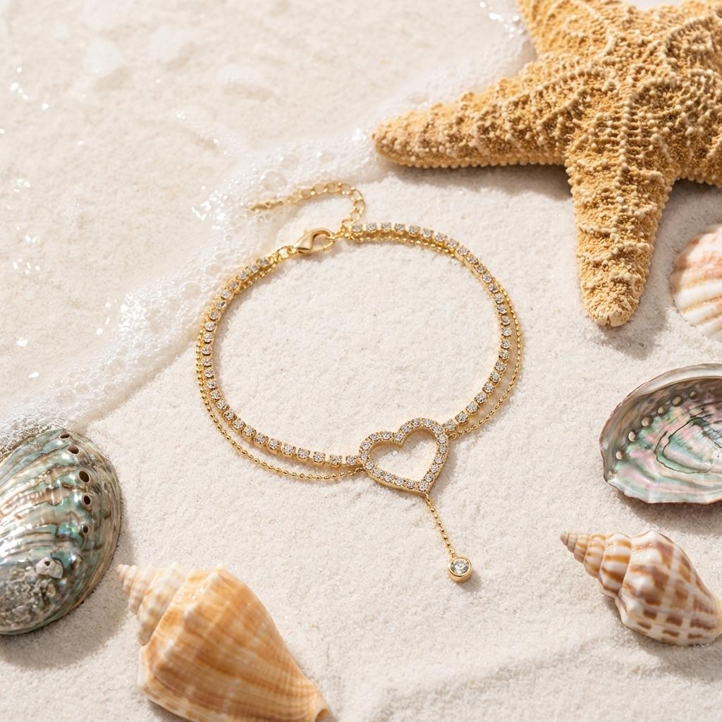 Glitterende Strass Hol Hart Druppel Enkelband Dubbele Laag Voetketting Voor Vrouwen Zomer Strand Vakantie Sieraden