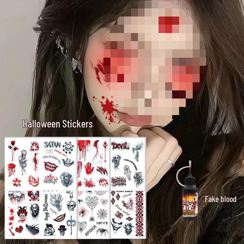 Halloween Makeup: Horror Scars, Fake Teeth, Little Tiger Teeth, and Blush Tattoo Stickers for Party Decoration