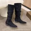 Fashion Frosted Pleated Long Knight Boots Women Autumn New Heel Boots Pointed Chelsea Boots Women P637