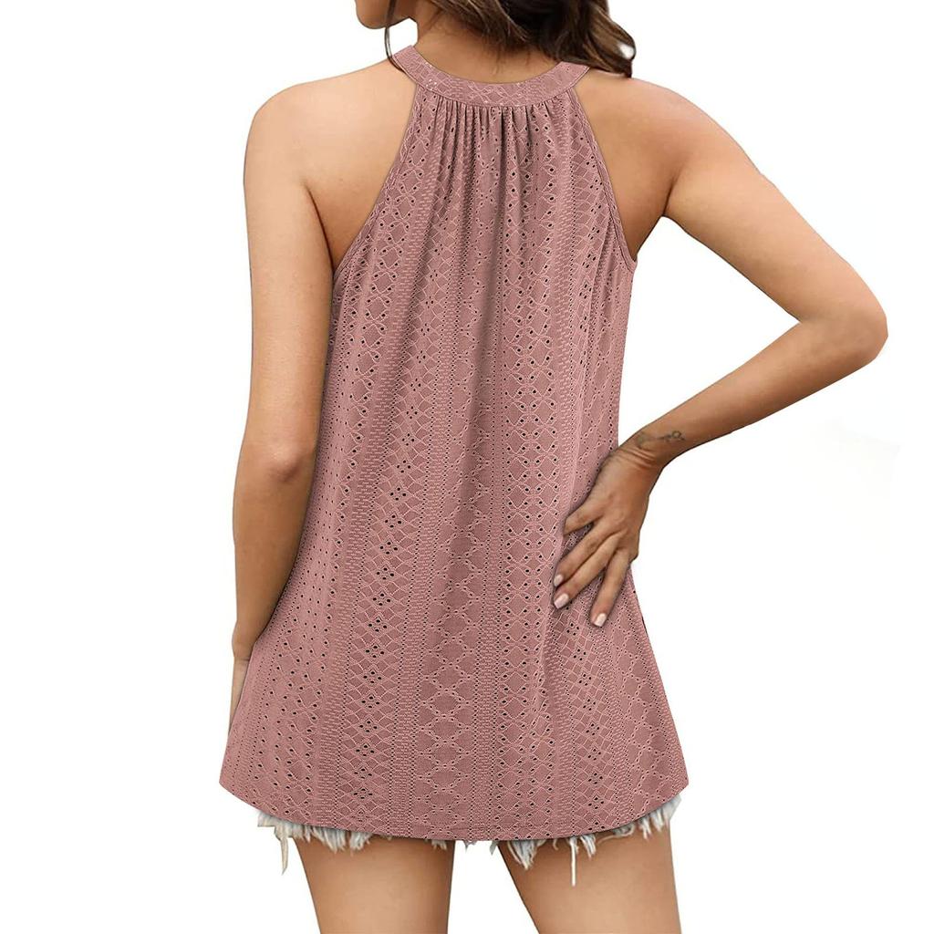 Women's Loose Round Neck Ruffle Eyelet Vest Sleeveless Suspender T-Shirt