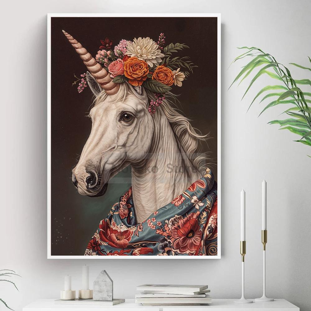 Vintage Animal with Flower Poster Dog Cat Rabbit Raccoon Garland Prints Canvas Painting Wall Art Pictures Home Room Nature Decor