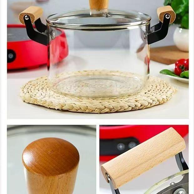 High Borosilicate Glass Soup Pot with Lid for Electric Stoves, Transparent Double Ear, Wood Handle.