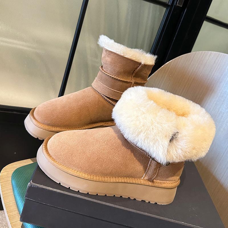 Schafleder und Fell integrierte Schneestiefel Damen Zwei-Wege flauschige kurze Stiefel dicksohlige rutschfeste gefütterte verdickte warme Baumwollschuhe