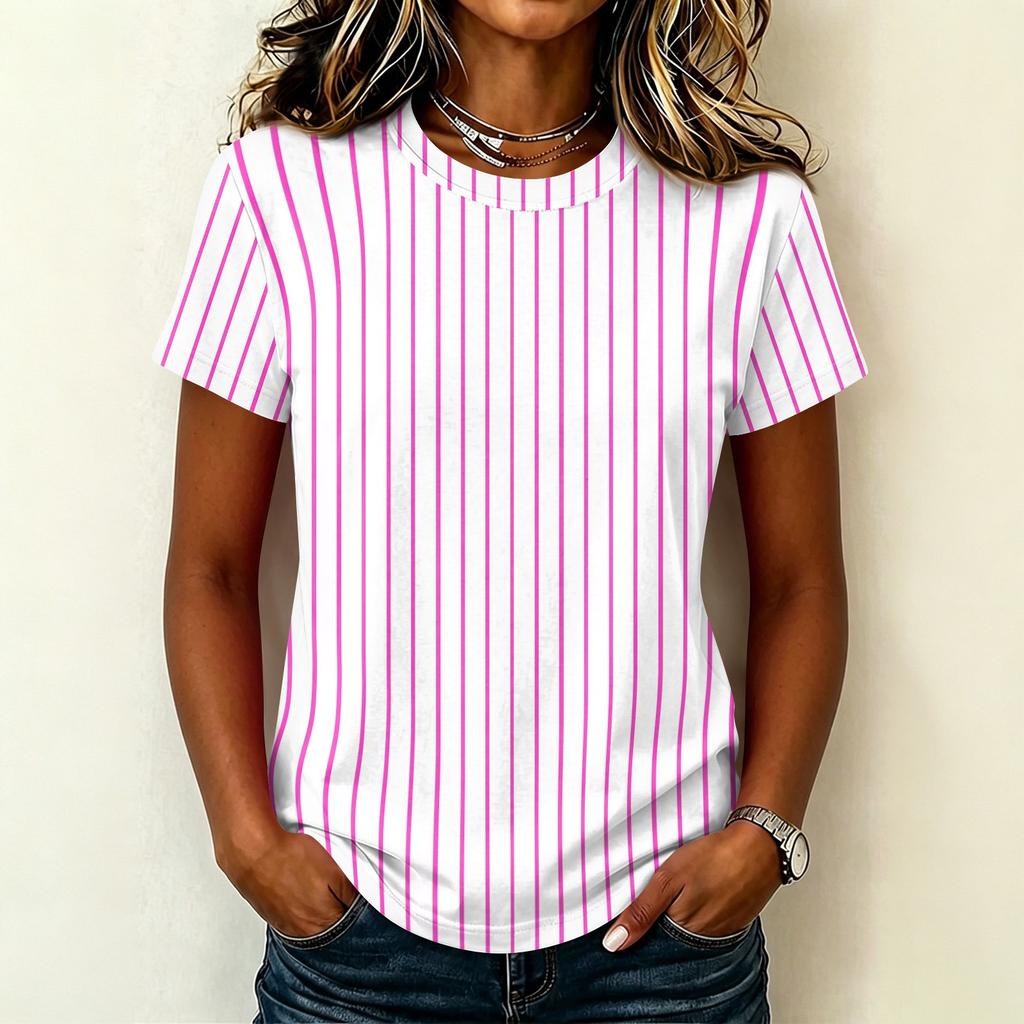 Women's Casual Crew Neck Short Sleeve Pullover T-Shirt Vertical Stripe Print Top Lightweight Soft Fabric Summer Wear