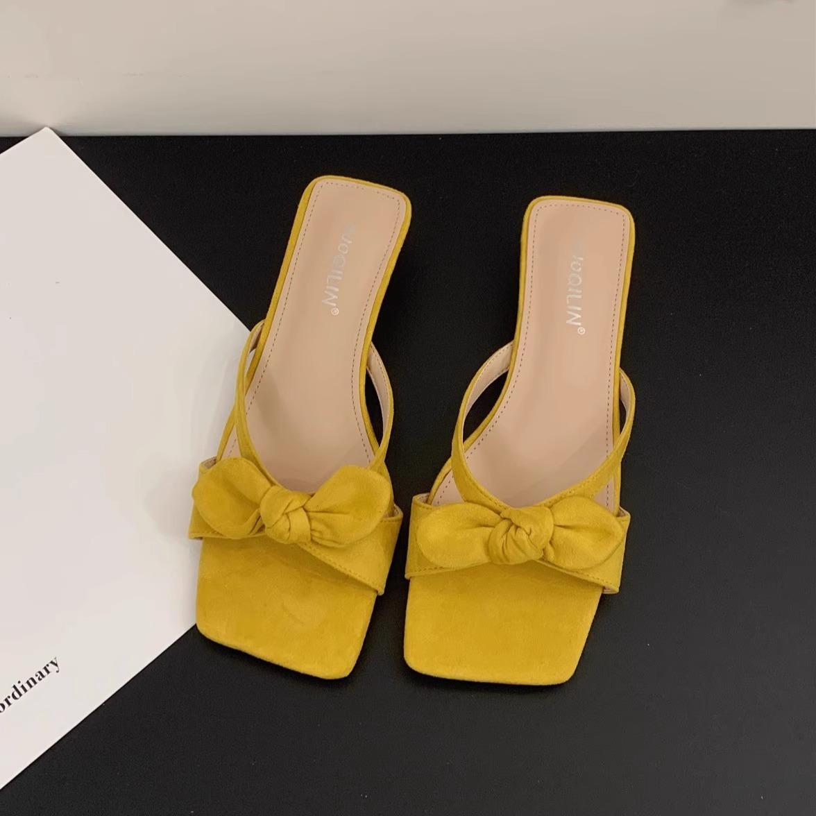

Французский нежный вечерний бриз бант с прохладными тапочками женское летнее платье с открытым носком квадратный носок толстый каблук сандалии 40 жёлтый