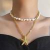 Ocean-style White Conch Chain Double-layer Stacked Alloy Starfish Pendant, Elegant Women's Necklace