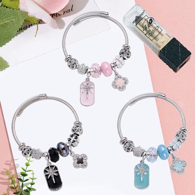 Lucky Clover Octagram Diamond Beaded Bracelet Women Stainless Steel Bangle Fashion Jewelry Gift
