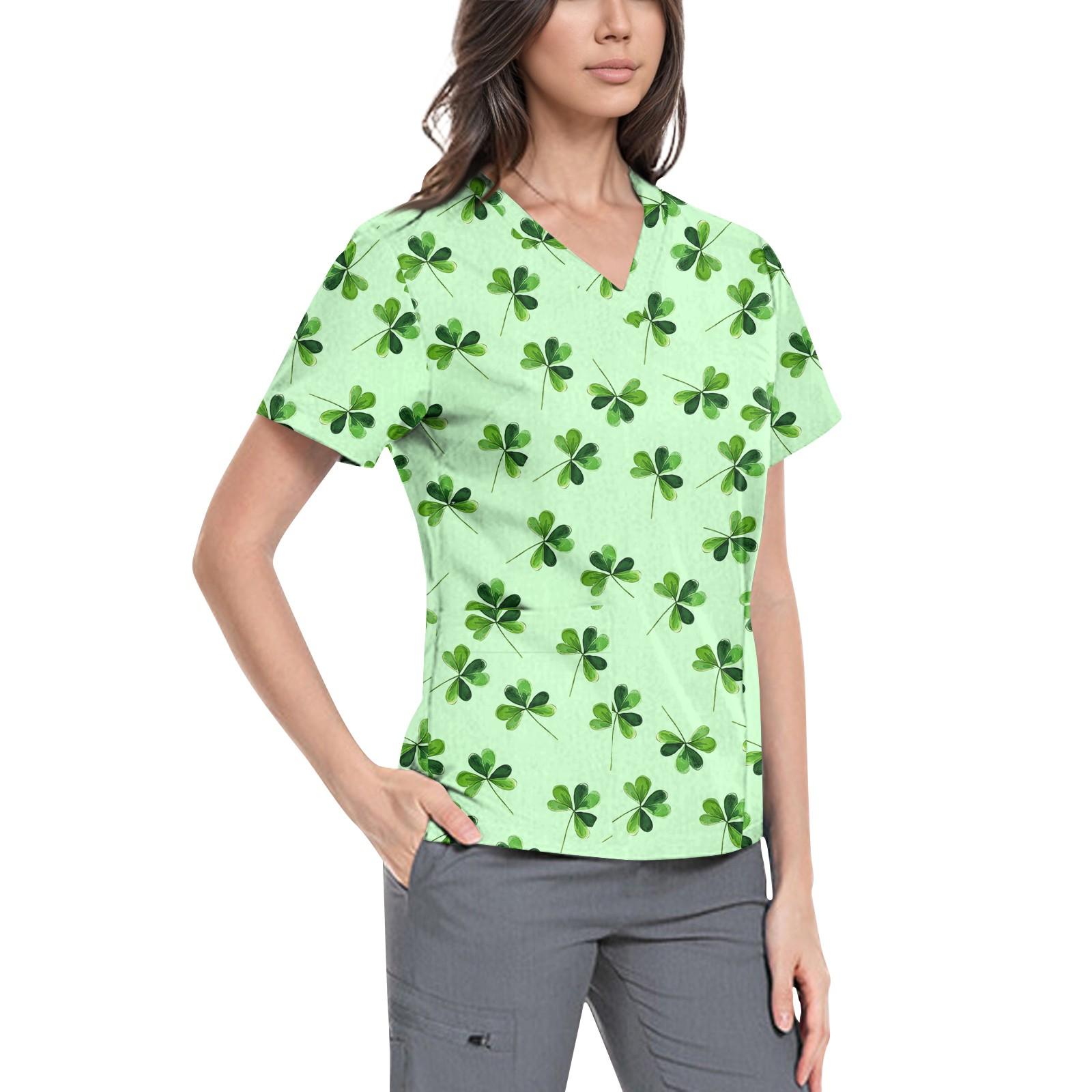 

Женская симпатичная принтованная рабочая одежда с V-образным вырезом, двухслойными карманами, базовым коротким рукавом, пуловером XXXL