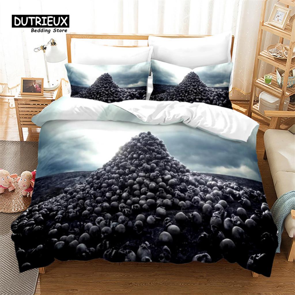 Skull Duvet Cover Microfiber Horror Theme Bedding Set Grunge Scary Skulls Sketchy Graveyard Death Evil Face Full Comforter Cover