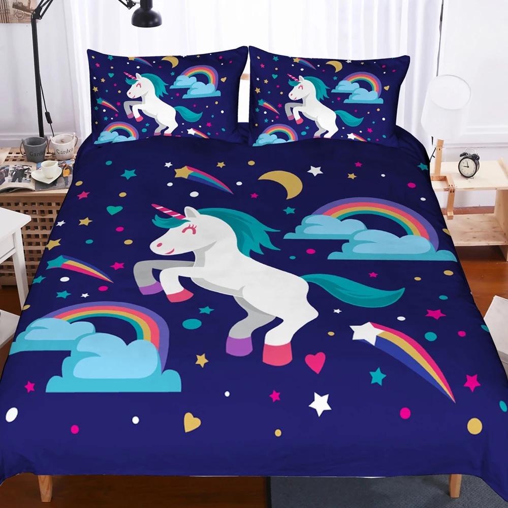 Classic SkinFriendly Single Double Twin Queen King Size Bedsheets 3D Printed Flying Cartoon Unicorn Covers With Pillow Strips Quilt