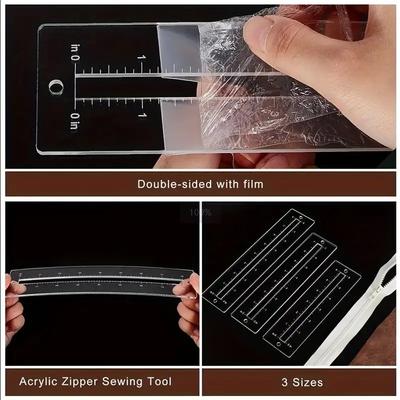 3Pcs Acrylic Zipper Template Set Transparent Sewing Ruler For Diy Bag Pocket Crafting Quilting Patchwork Tools For Beginners
