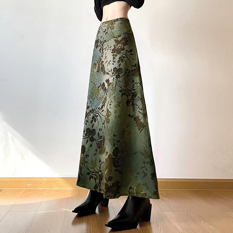Mori Style Retro Print High Waist Pleated A-line Skirt for Women
