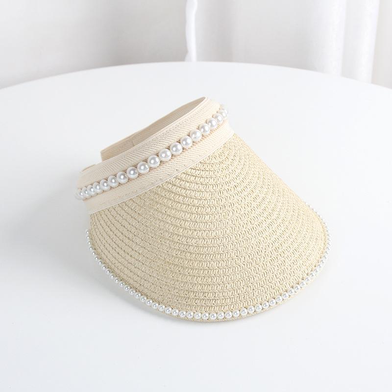 Summer Woman Straw Pearl Decor Sun Hats Antiuv Female Outdoor Hand Made Cap Casual Shade Hat Empty Top Hat Beach Vacation Visor