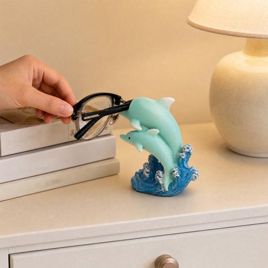 Dolphin Eyeglasses Holder, Coastal Style Glasses Stand with Blue Wave Design, Waterproof Resin Desktop Figurine Ornament for Study Desk Home Office &