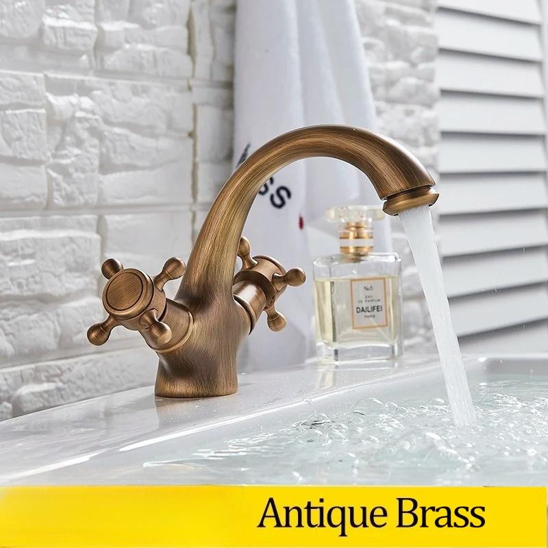 Senlesen Antique Faucet Bathroom Basin Faucet Two Handles Washbasin Taps Solid Brass Deck Mounted Hot Cold Water Mixer Tap,Gold