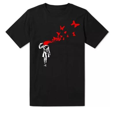 Fashion Banksy Girl Blowing Brains Out Red Butterflies Street Art Men Women T Shirt Top Cool Casual Pride Tee Streetwear Men Tee