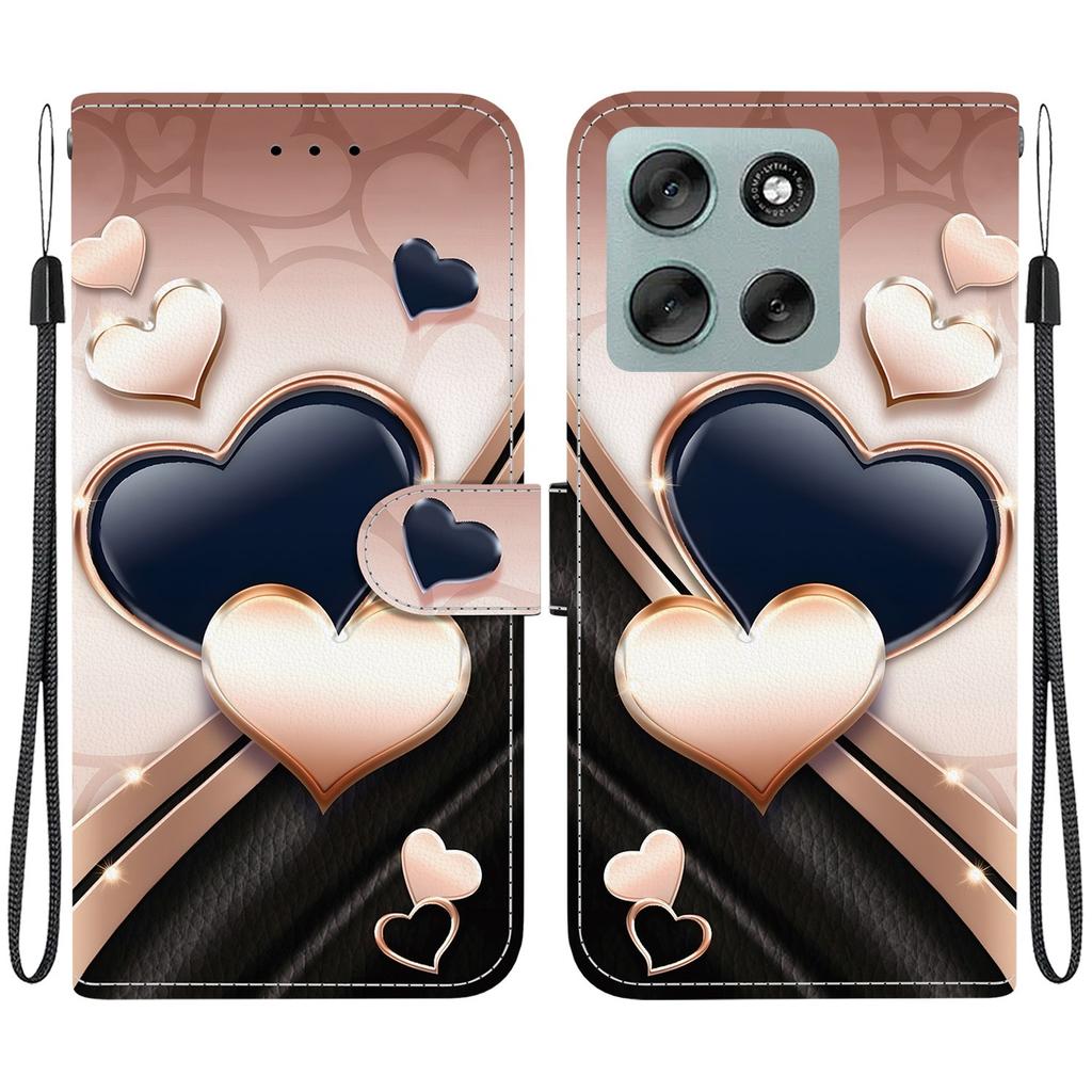 Handmade PU Leather Flip Case for Motorola Moto G56 Anti-Slip Shockproof Cover with Wrist Strap & Heart/Rose Cat Designs