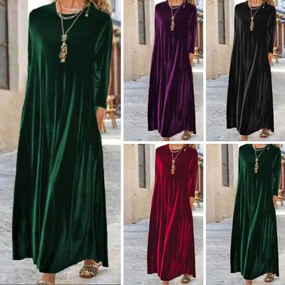 Damen Samtkleid Herbst Freizeit Rundhals Langarm Maxi Kleid Locker Hochzeitsgast Cocktail Abendkleid