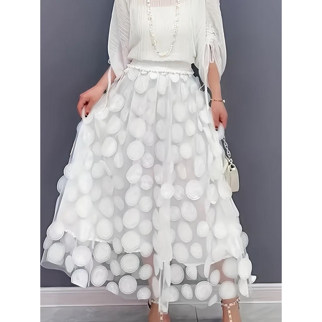 3D Applique Patchwork Tulle A-Line Midi Skirt with Lining Layered Flowy Half Skirt for Women Ethereal QT-2176