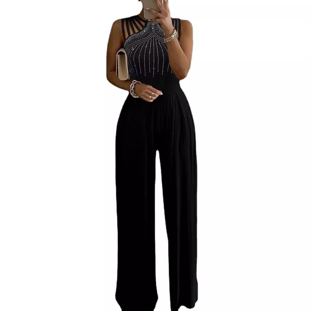 2023 Strass Weitbein-Jumpsuit: Europäischer & Amerikanischer Sommerstil, Taillenbetontes einfarbiges Kleid