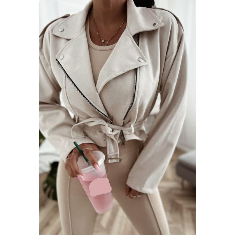 Podzimní a zimní dámské krátké bundy na zip Nová móda Klopový oblek Límec s dlouhým rukávem Kabát na zavazování Jednobarevný Street Casual