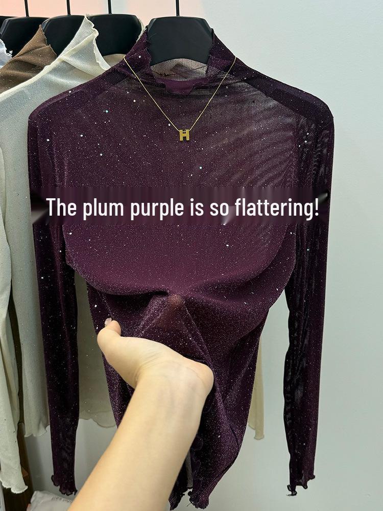Purple Sequin High Neck Ruffle Lace Top - Women's Slimming Long Sleeve T-Shirt for Autumn/Winter Trends