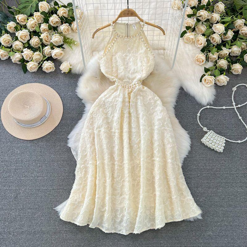 

Accessible Luxury Fashion Shoulder-Baring A- line Large Hem Dress Halterneck Apricot L