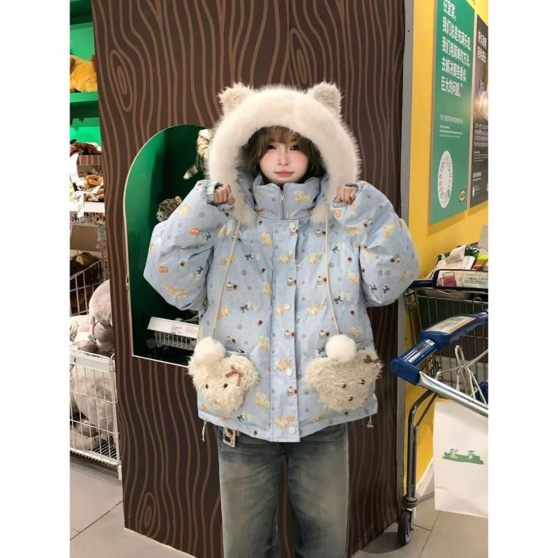 Womens Loose Winter Cotton Puffer Coat Cute Dog Versatile Sweet Cool Style Student Jacket