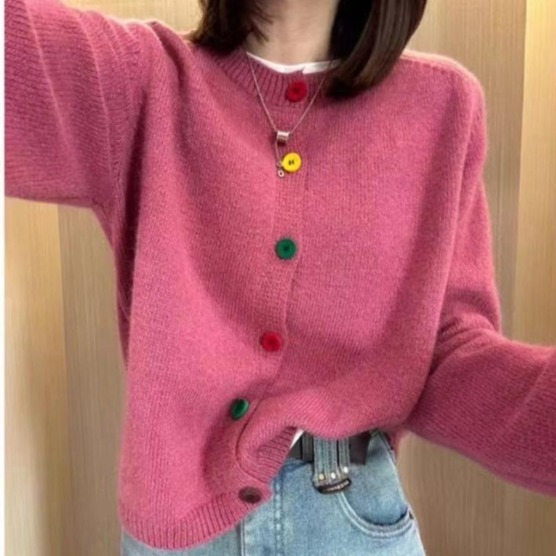 Simple New Design Color Button Round Neck Knitted Top Women's Loose Casual Jacket Top Women