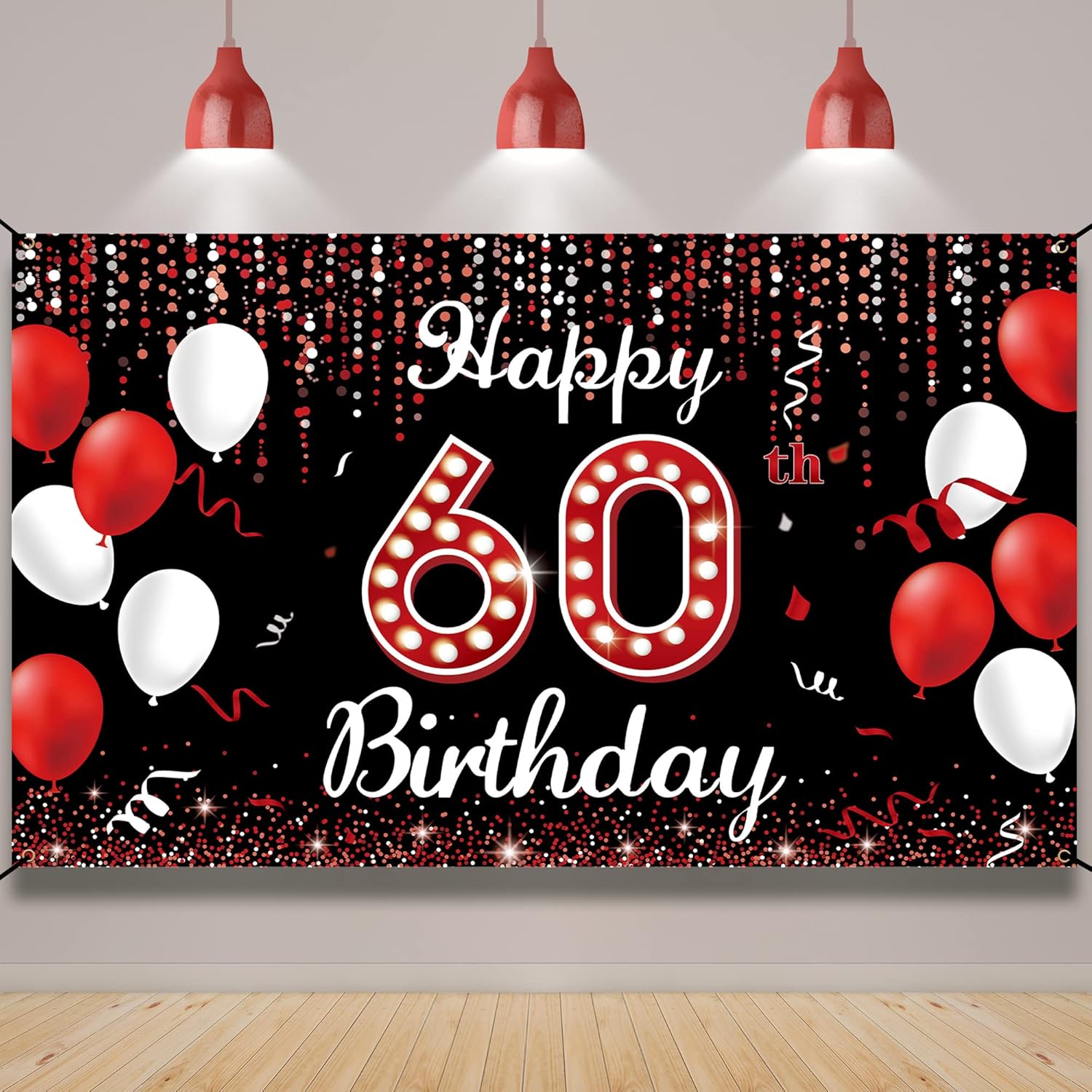 60th Birthday Decoration Banner Backdrop, Happy 60th Birthday Decorations for Women, Red Black White 60 Years Old Birthday Party Photo Booth Props